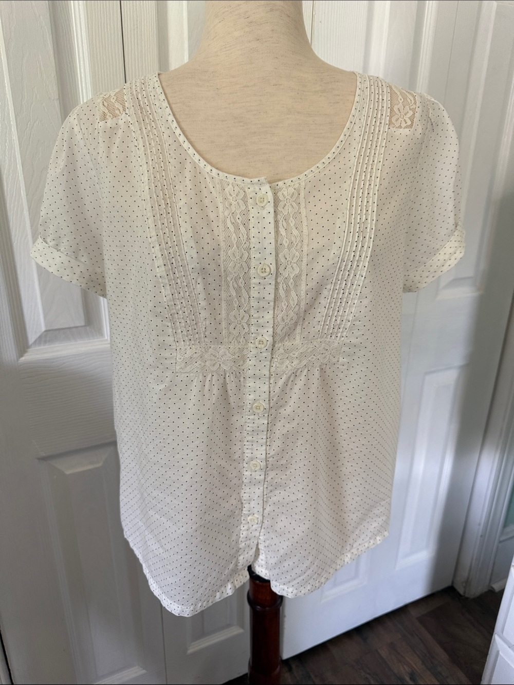 American Eagle Outfitters Cream Dot Button-Front Lace-Trim Blouse Sz L